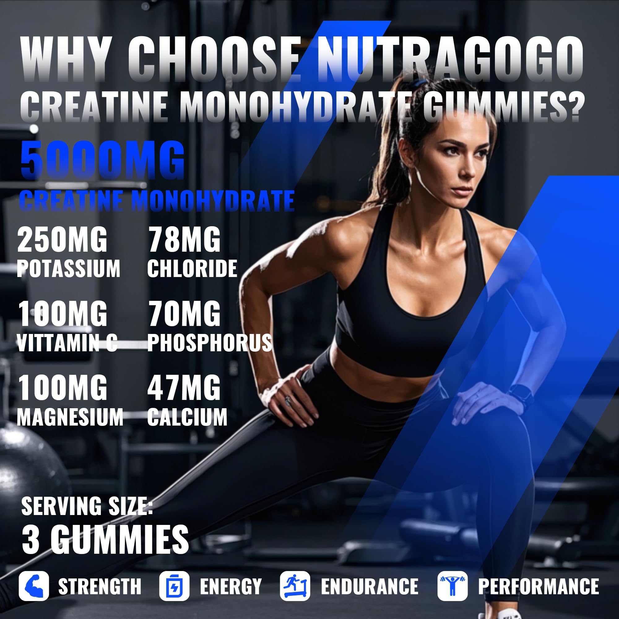 NUTRAGOGO Creatine Gummy close-up flavor shot of blueberry electrolyte chew.