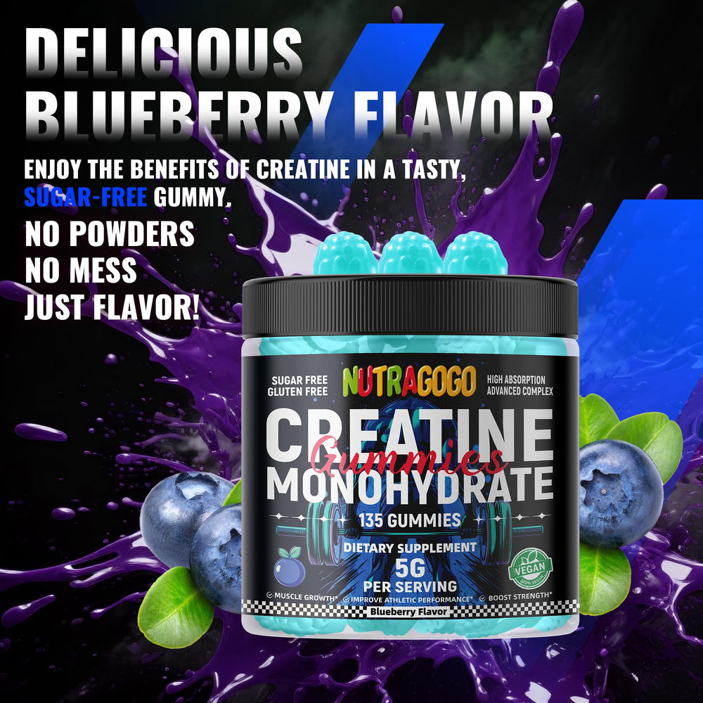 NUTRAGOGO Creatine Gummy jar label emphasizing vegan, GMP quality.