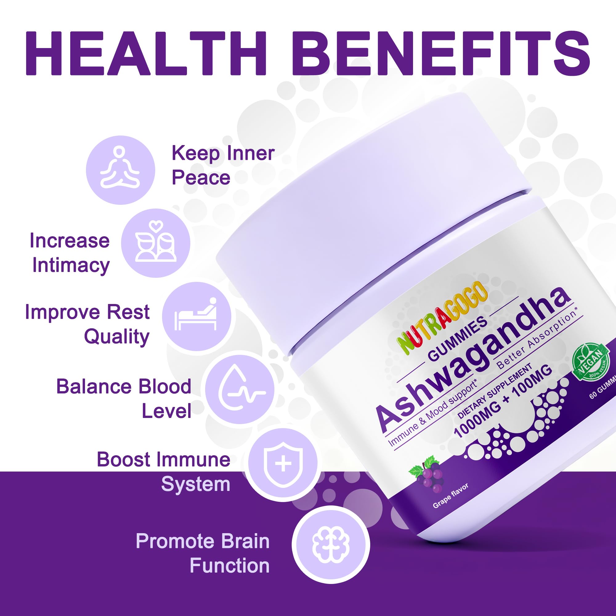 NUTRAGOGO Ashwagandha Gummies label notes non-GMO and gluten-free.