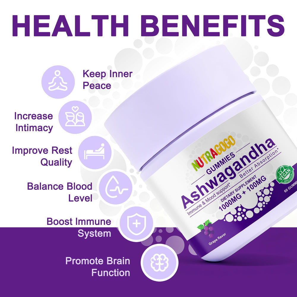 NUTRAGOGO Ashwagandha Gummies label notes non-GMO and gluten-free.
