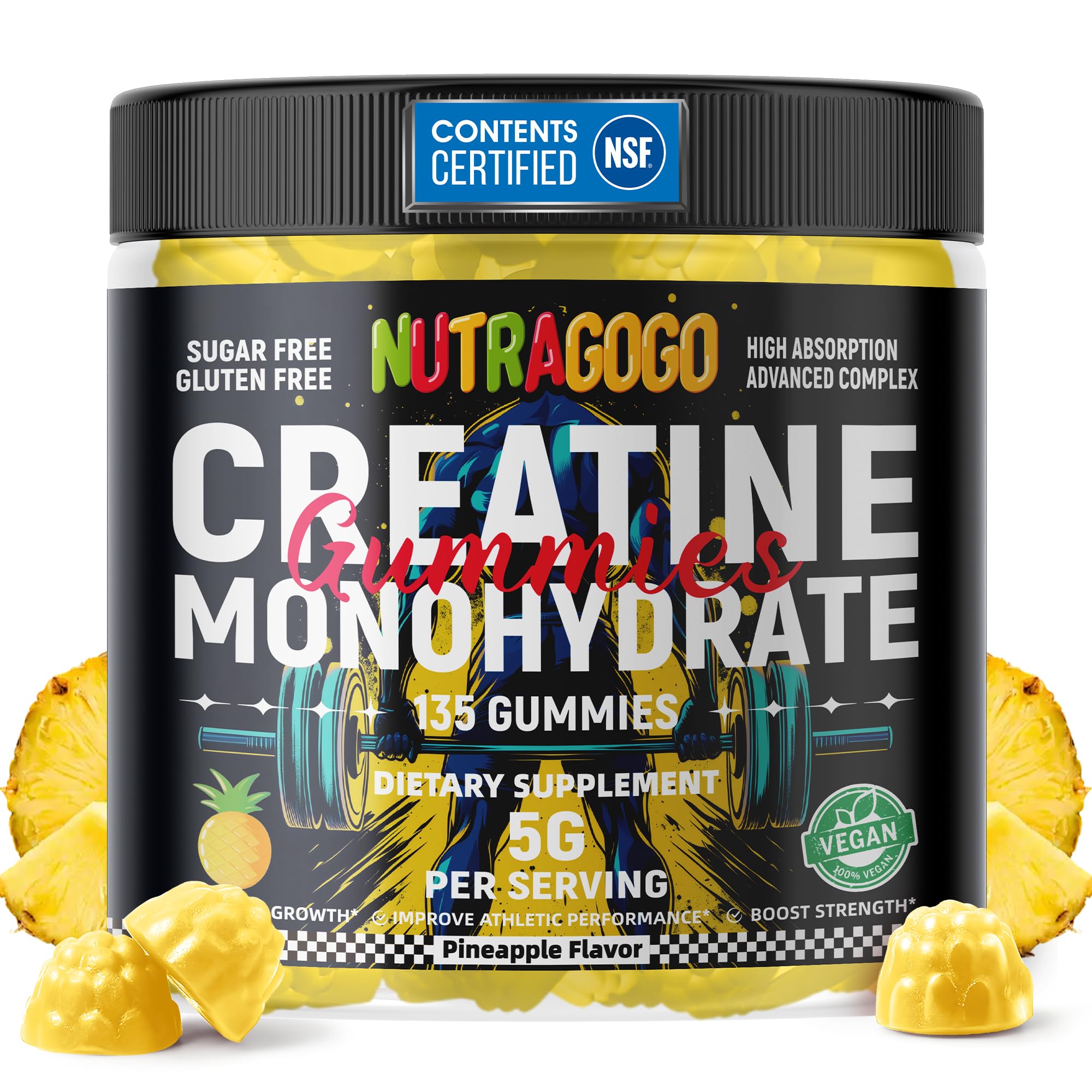 NUTRAGOGO creatine gummy pineapple chews in bottle for convenient workouts.