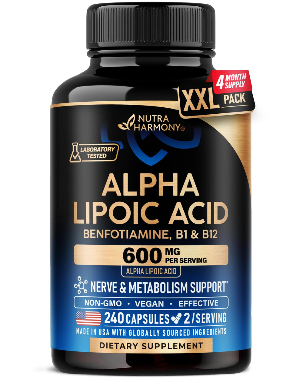 NUTRAHARMONY Alpha Lipoic Acid 600mg bottle front showing premium packaging benefits