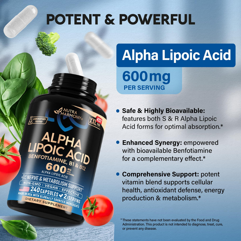 NUTRAHARMONY Alpha Lipoic Acid 600mg label details highlighting ingredients