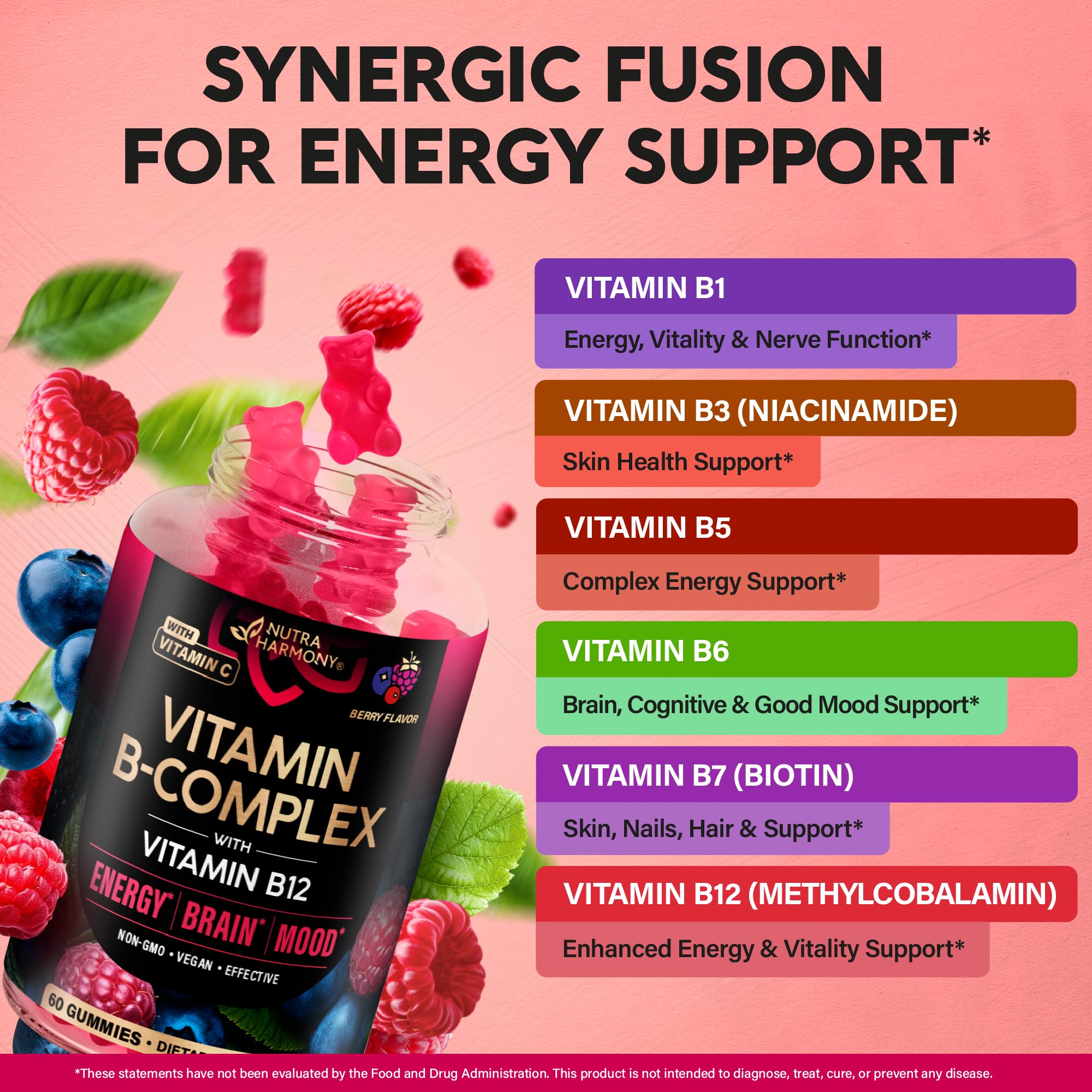 NutraHarmony B-Complex gummies berry-flavor close-up.