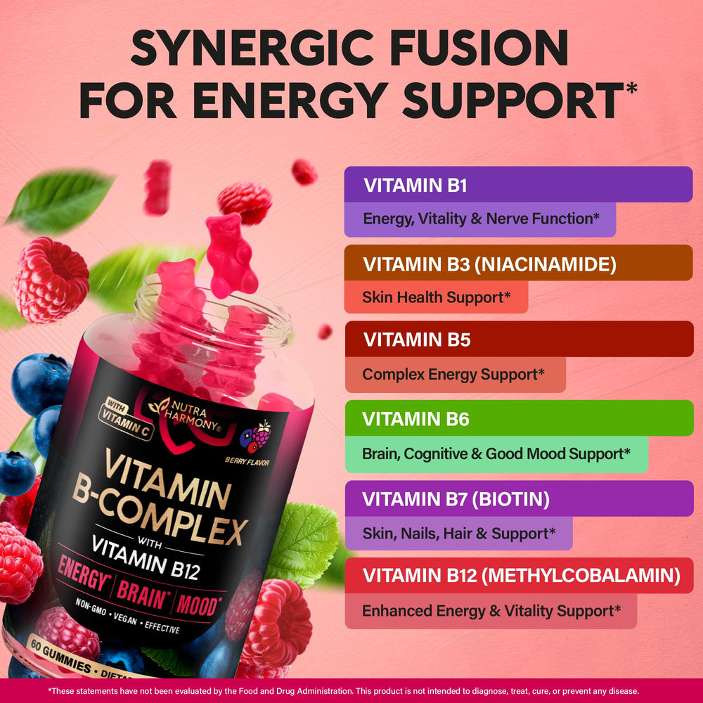 NutraHarmony B-Complex gummies berry-flavor close-up.