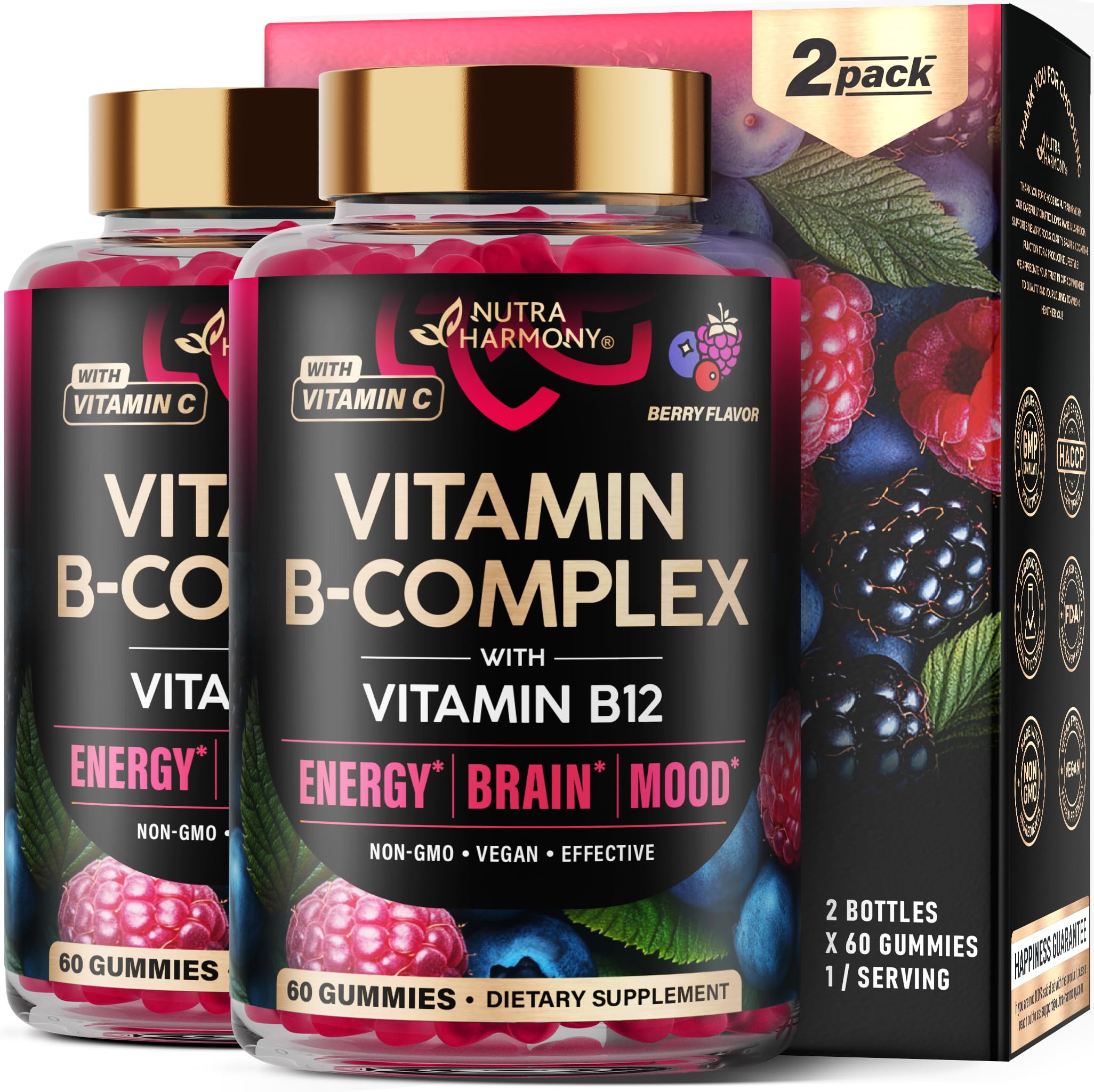 NutraHarmony B-Complex gummies bottle for daily energy support.