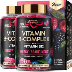 NutraHarmony B-Complex gummies bottle for daily energy support.