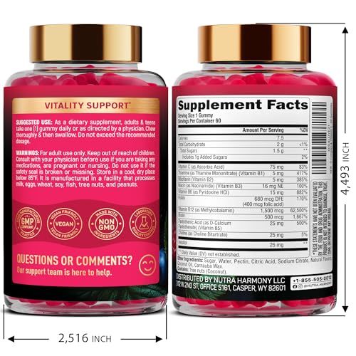 NutraHarmony B-Complex gummies close-up highlighting berry flavor.