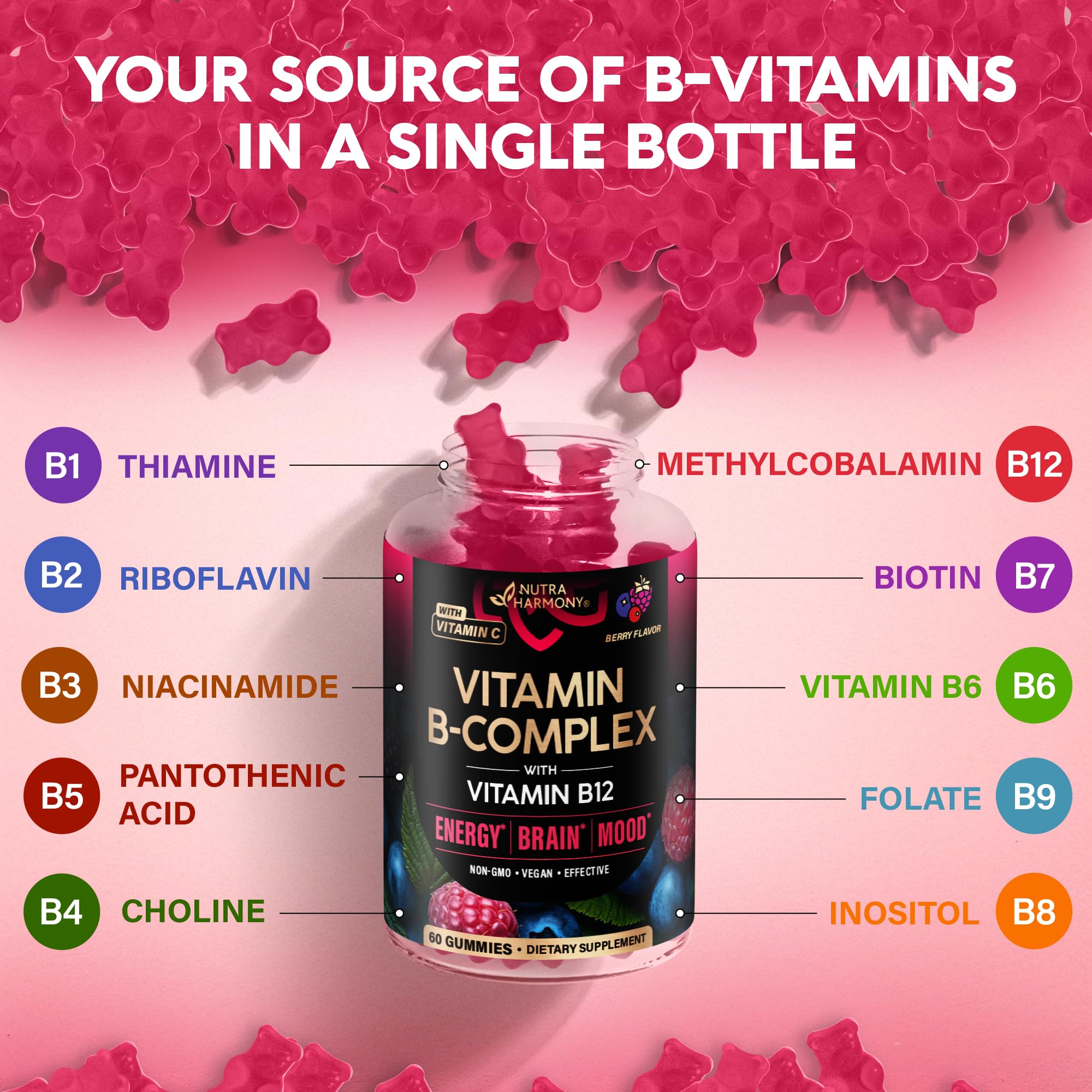 NutraHarmony B-Complex ingredients highlight B vitamins and vitamin C.