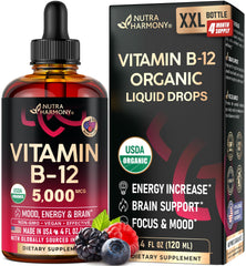 NUTRAHARMONY B12 Drops bottle with organic vegan formula for daily energy and focus.