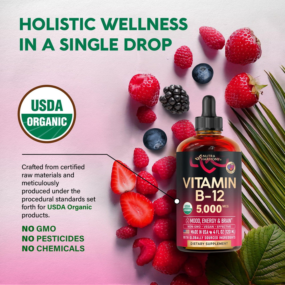 USDA Organic certification label beside the B12 drops bottle.