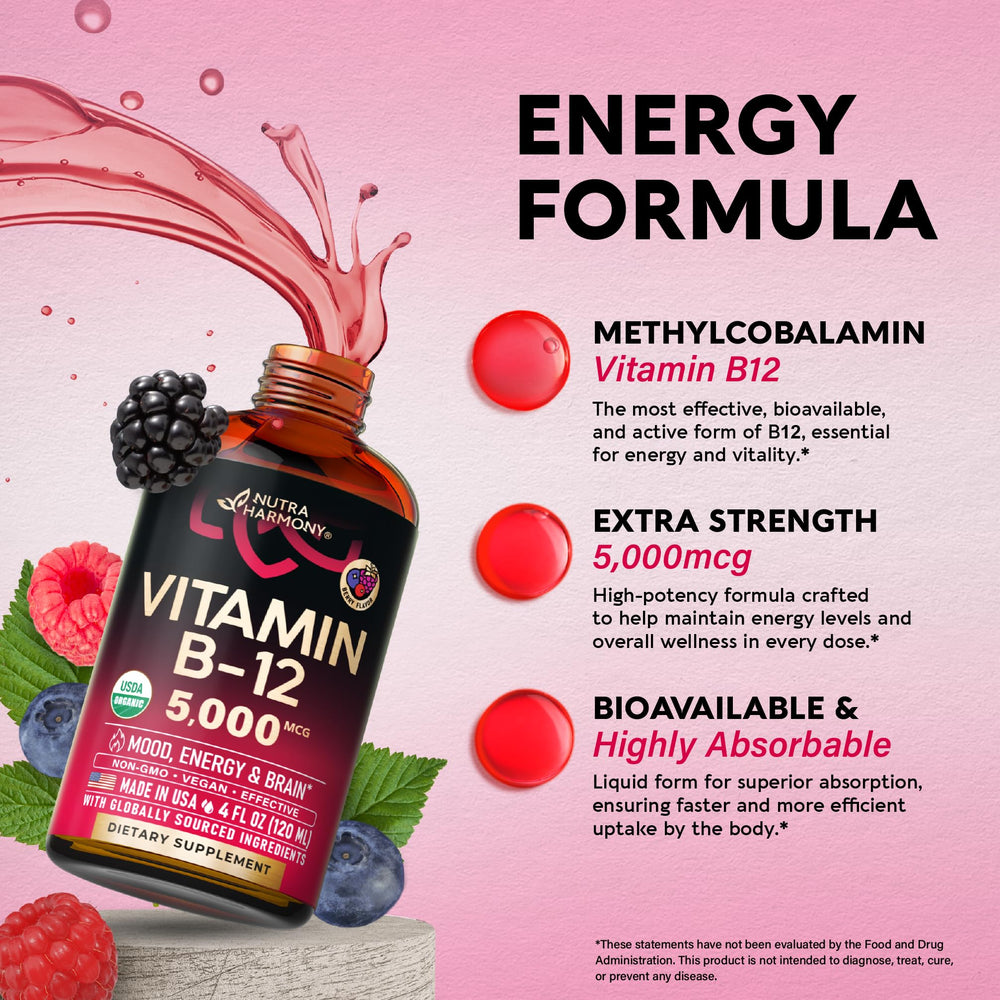 Vegan-friendly B12 liquid highlighting plant-based source.