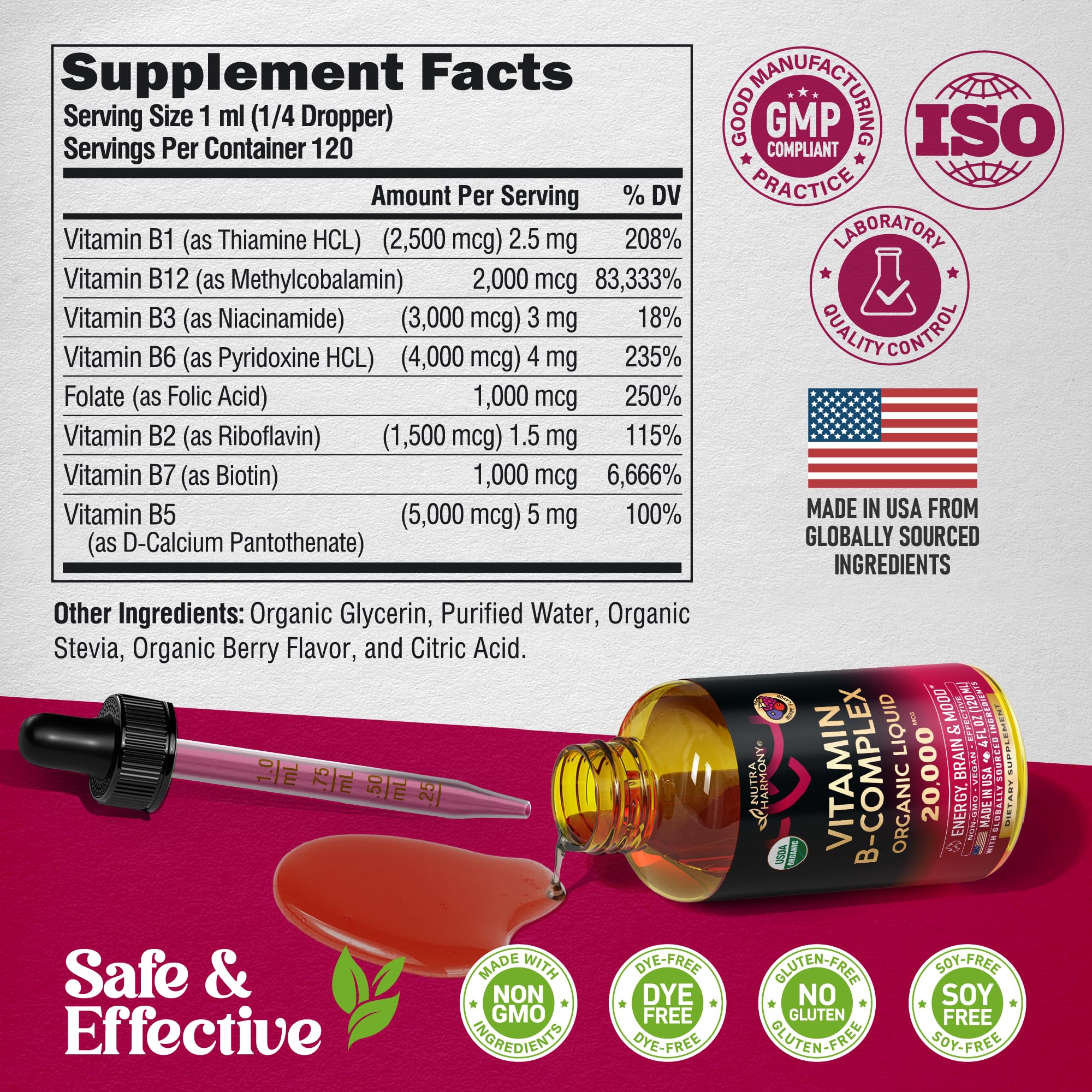 NutraHarmony B9 Folic Acid Drops display family-friendly use for ages 4+.