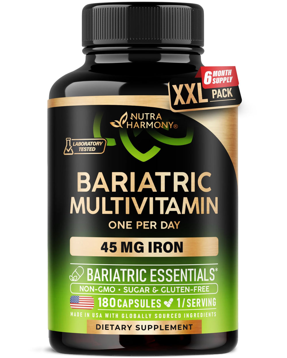 NutraHarmony bariatric multivitamin iron bottle: complete daily support for post-surgery nutrition.