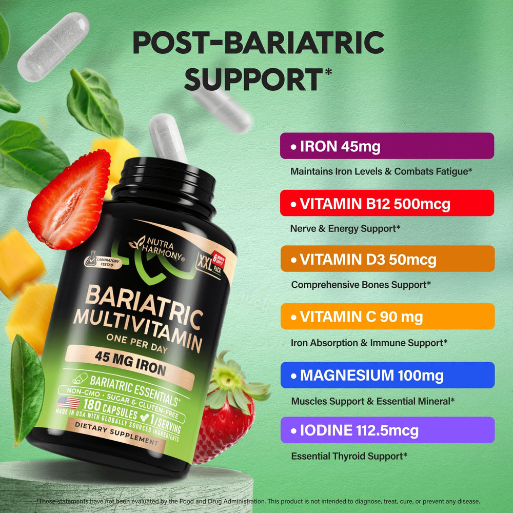 NutraHarmony bariatric multivitamin iron close-up of the capsules for easy swallowing.