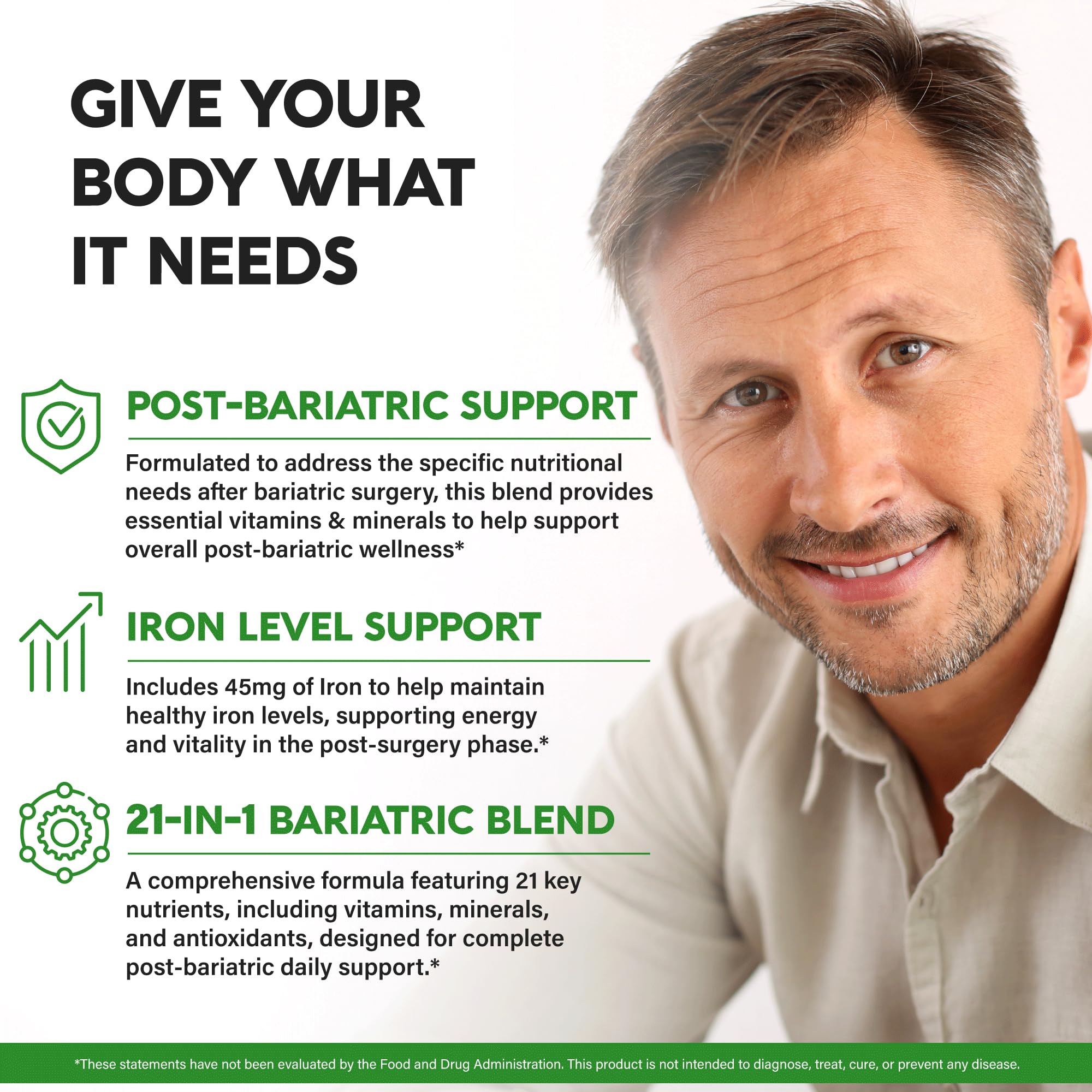 NutraHarmony label close-up: clearly shows 21 vitamins and 45 mg iron for post-surgery health.