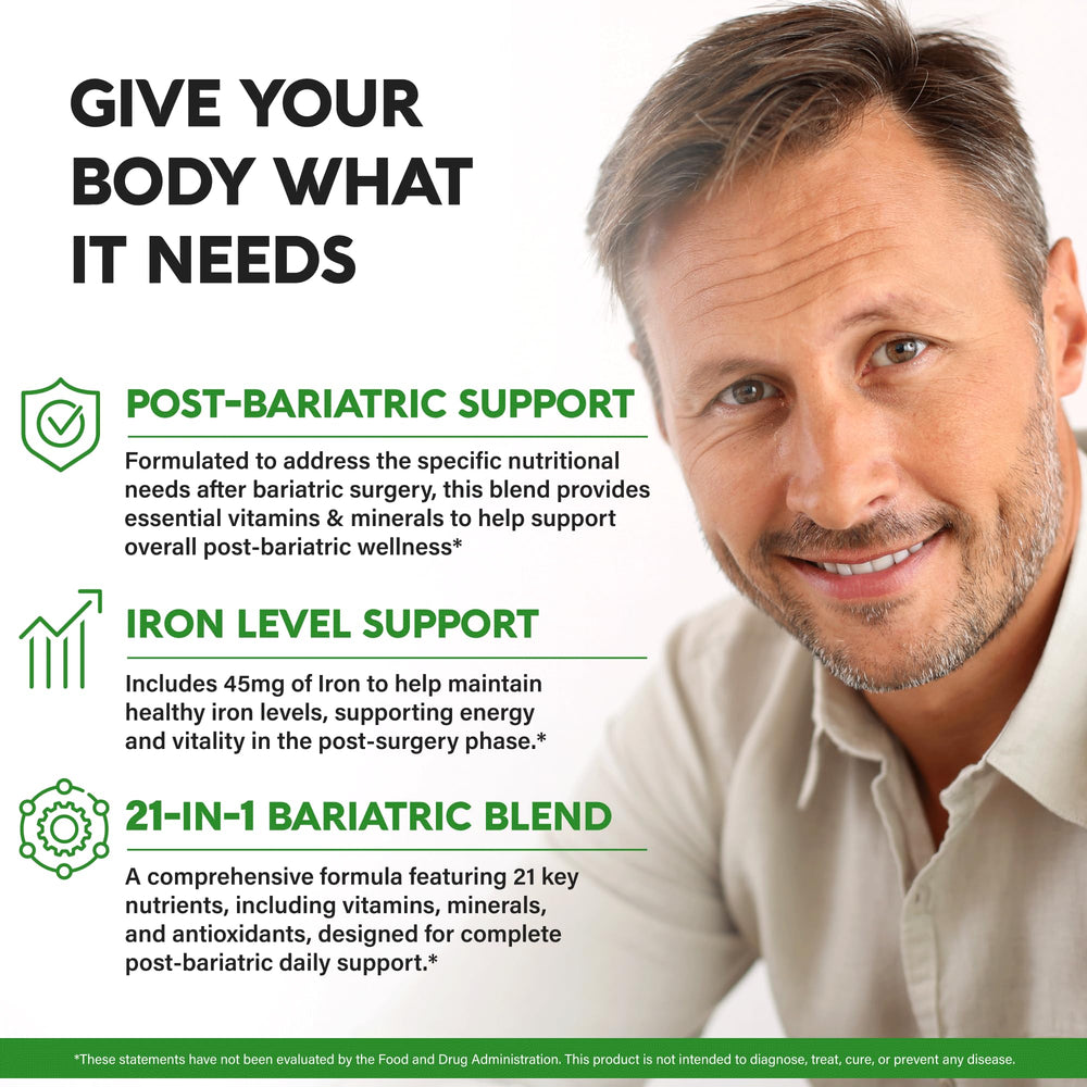 NutraHarmony label close-up: clearly shows 21 vitamins and 45 mg iron for post-surgery health.