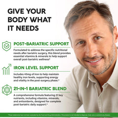 NutraHarmony label close-up: clearly shows 21 vitamins and 45 mg iron for post-surgery health.