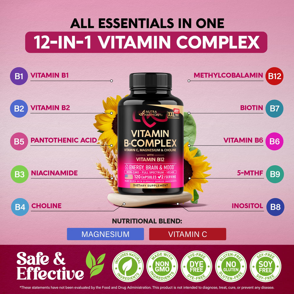 Bottle pouring NutraHarmony B Complex capsules into a glass for daily use