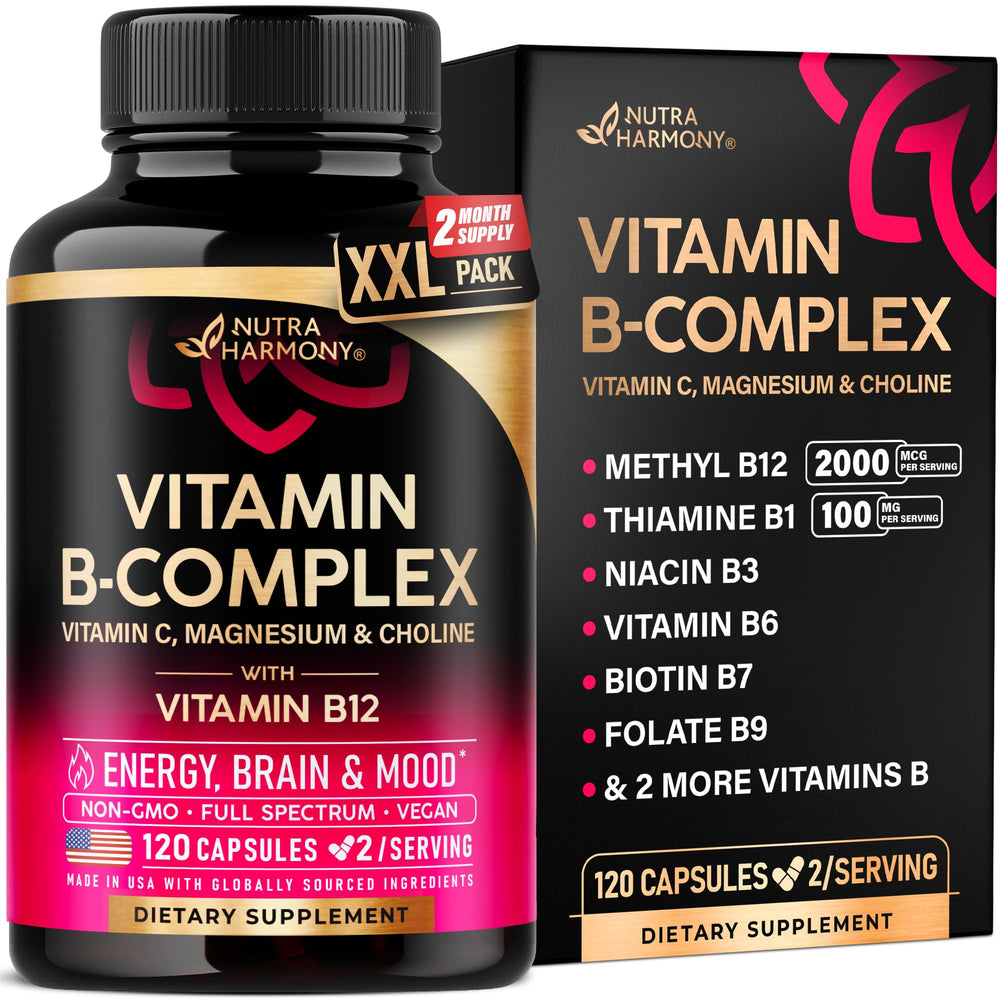 NutraHarmony B Complex bottle view with vegan capsules for daily energy