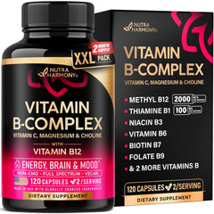 NutraHarmony B Complex bottle view with vegan capsules for daily energy