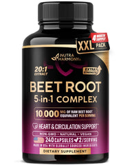 NutraHarmony Beet Root 5-in-1 bottle showing daily heart support and vitality.