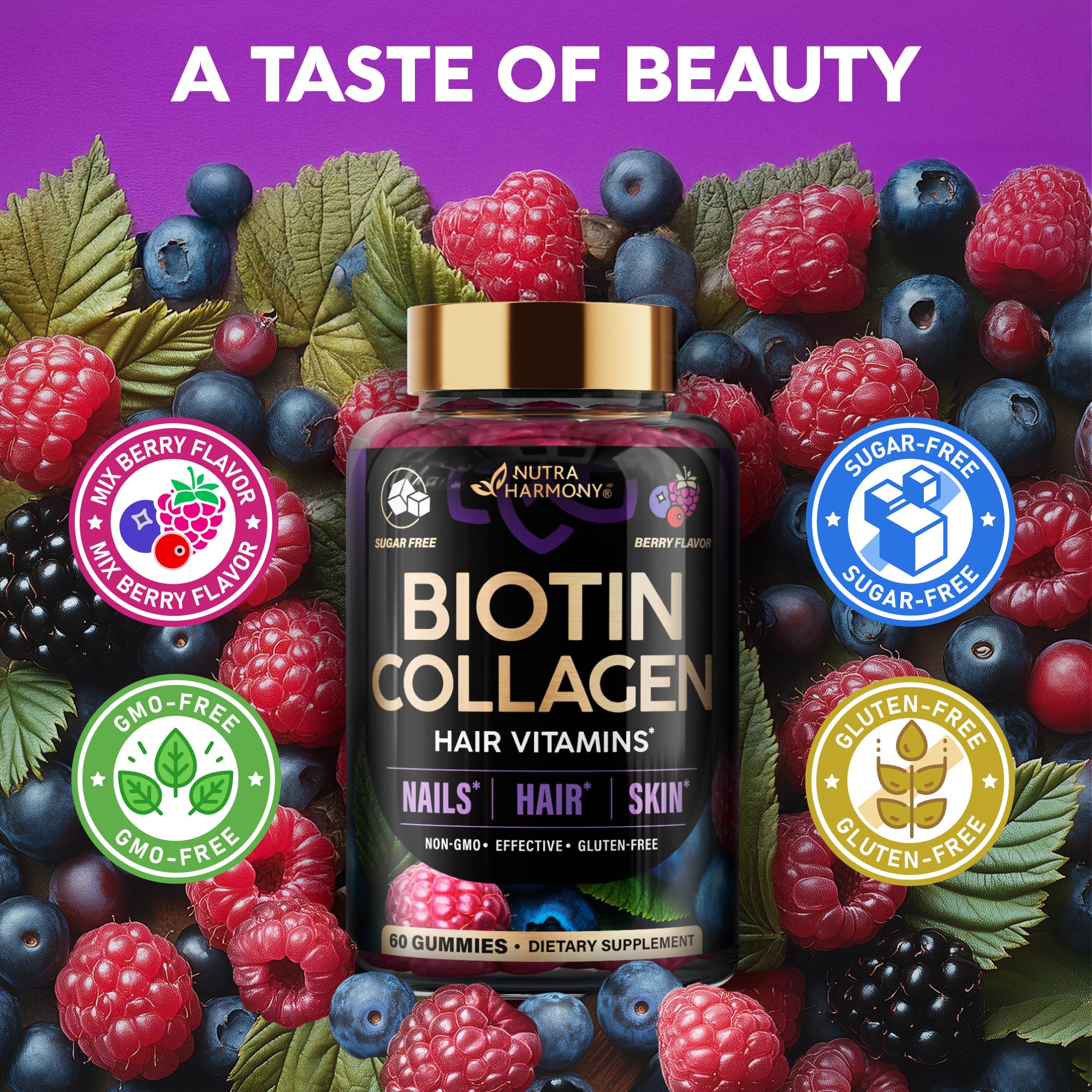 NUTRAHARMONY gummies with 10,000 mcg Biotin for hair, skin and nails.