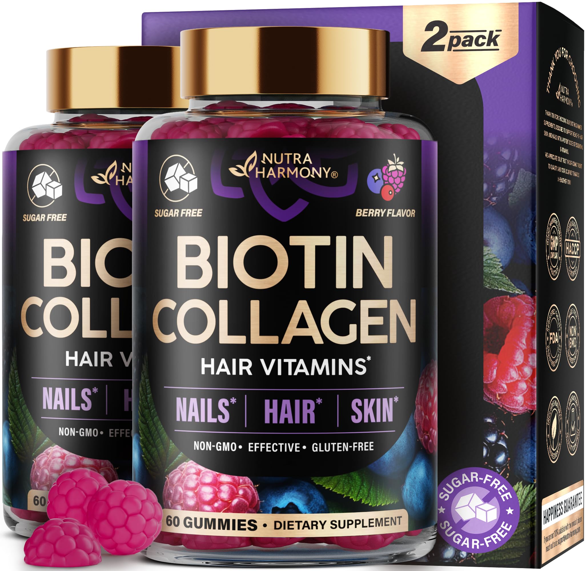 NUTRAHARMONY Biotin Collagen gummies for hair growth, in mixed berry.