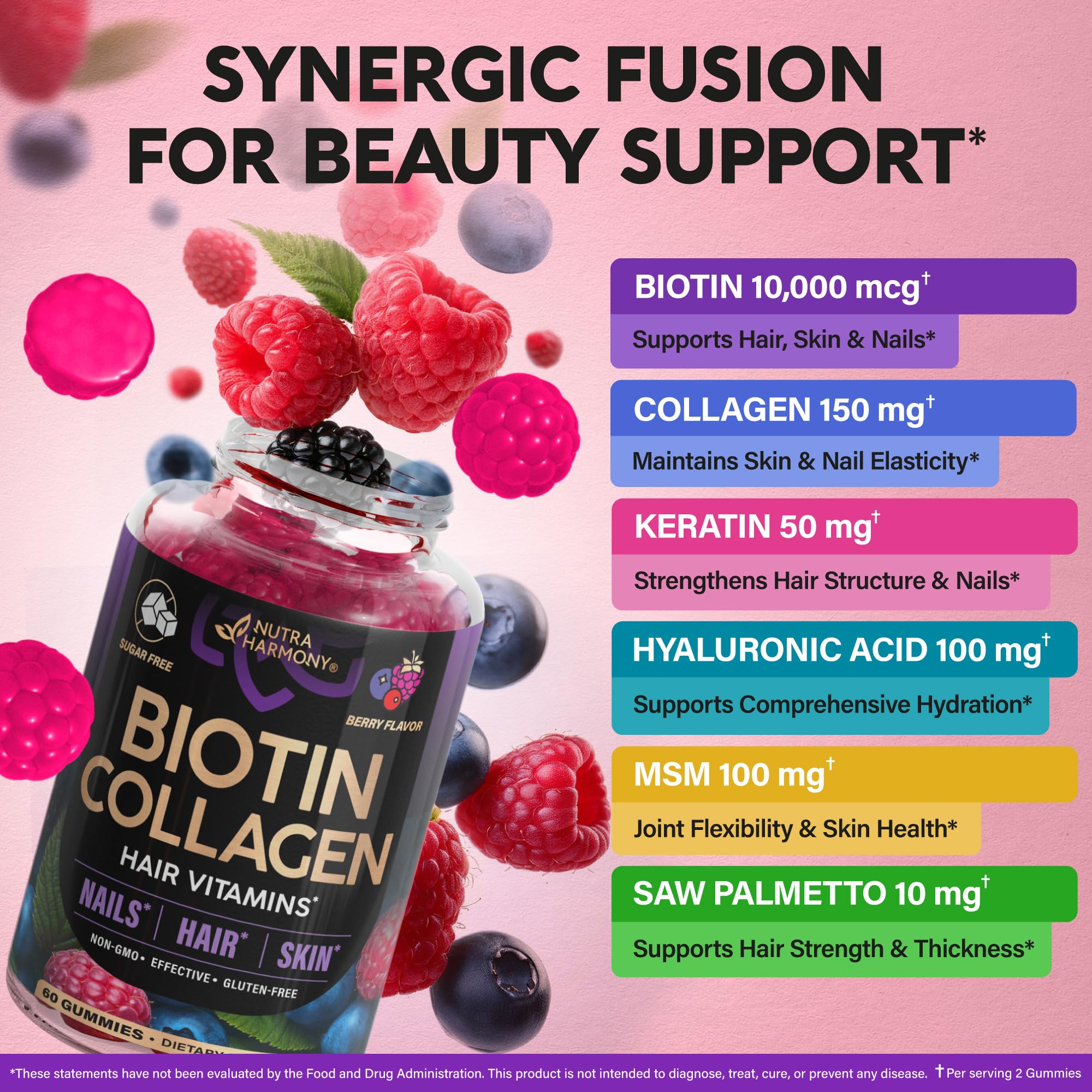 NUTRAHARMONY Biotin Collagen gummies in mixed berry flavor, delicious and sugar-free.