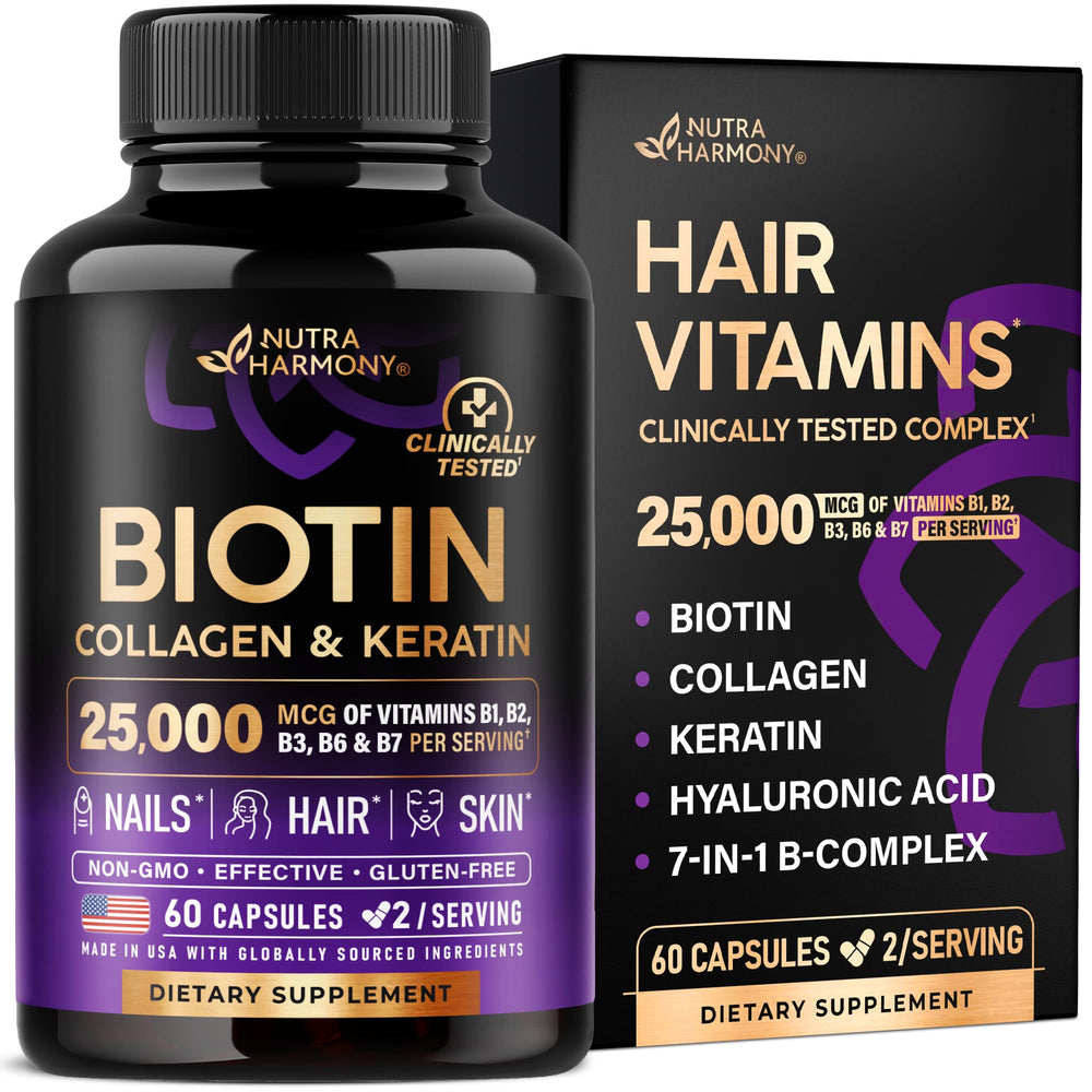 NUTRAHARMONY Biotin bottle shown for hair, skin and nails support.