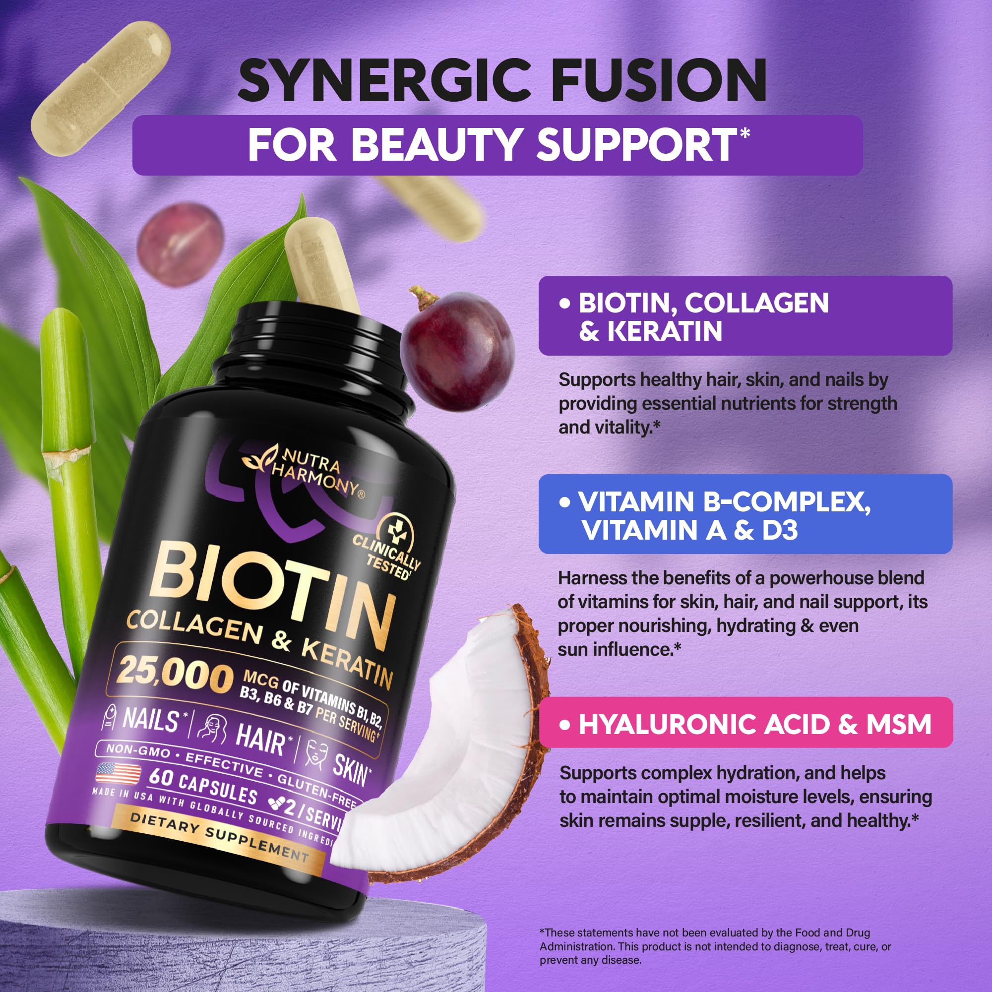 Ingredient visuals include Biotin, Collagen, Hyaluronic Acid and Keratin.