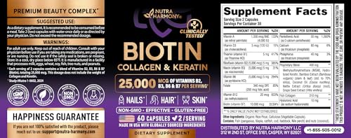 Close-up of NUTRAHARMONY label highlighting hair benefits.