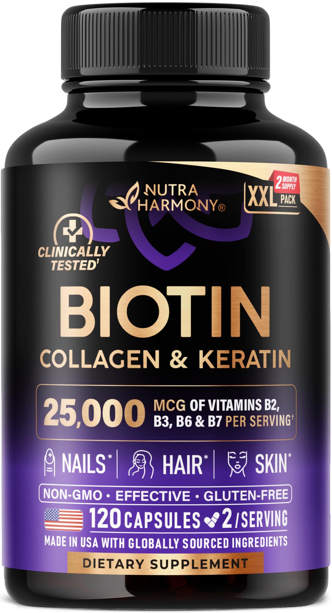 NutraHarmony Biotin-Collagen-Keratin bottle for daily beauty support promoting healthier hair, skin, and nails.
