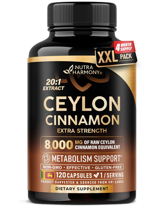 NutraHarmony Ceylon Cinnamon capsules bottle for daily convenience and natural energy support.