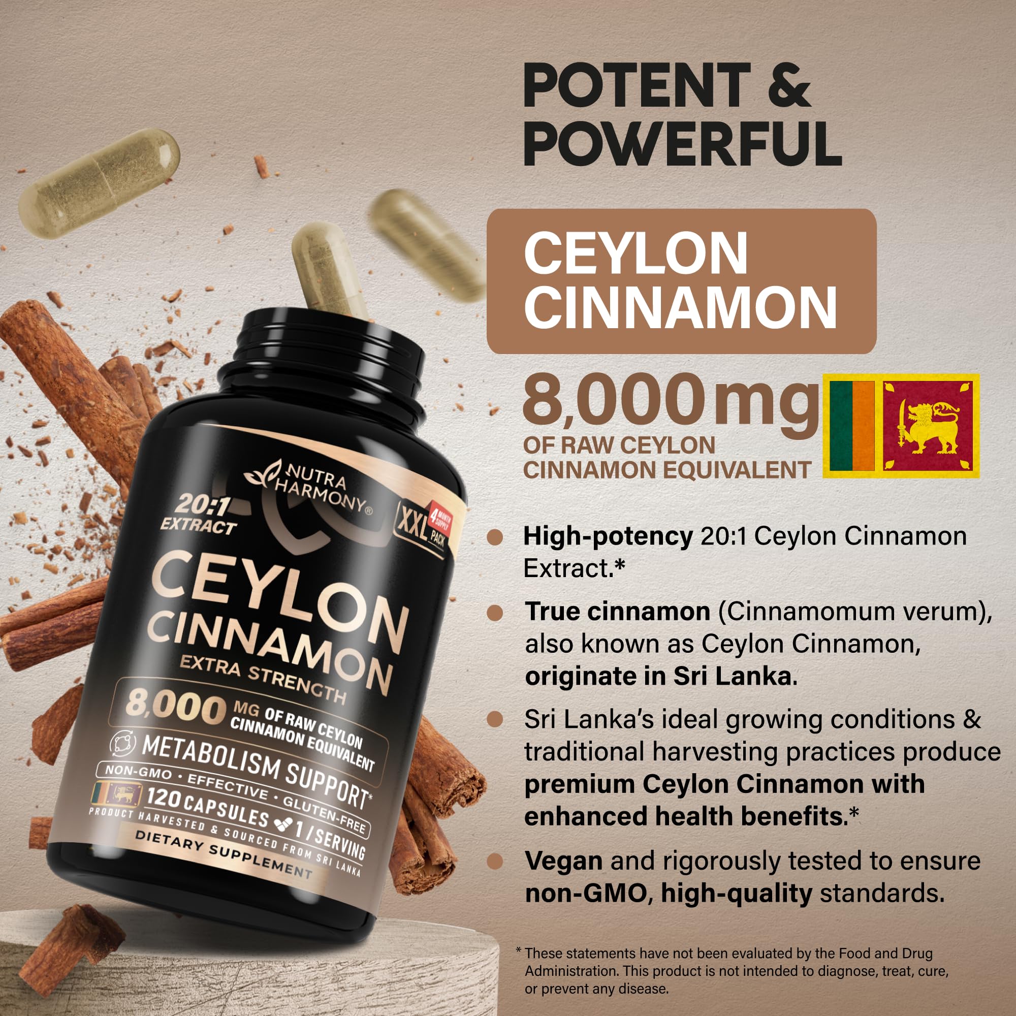 NutraHarmony Ceylon Cinnamon capsules label closeup showing purity and potency.