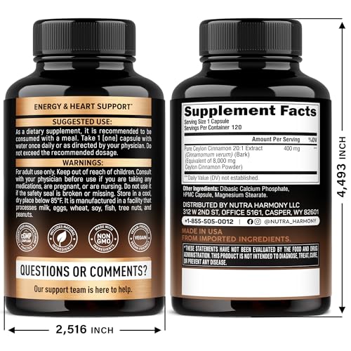 NutraHarmony Ceylon Cinnamon capsules packaging box highlighting organic, GMO-free formulation.