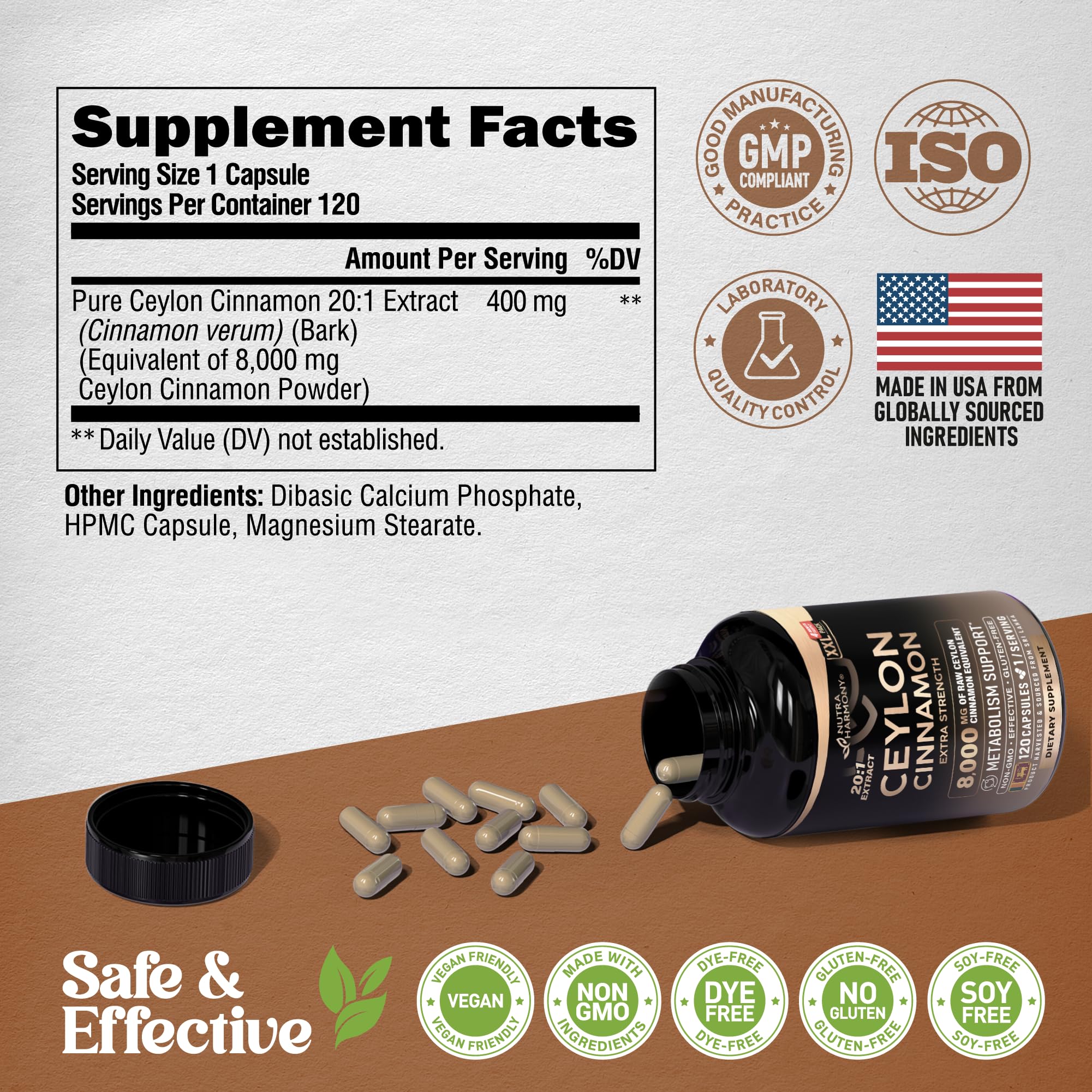 NutraHarmony Ceylon Cinnamon capsules with measuring spoon for daily intake.