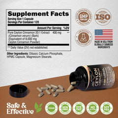 NutraHarmony Ceylon Cinnamon capsules with measuring spoon for daily intake.