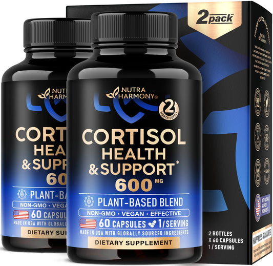 NutraHarmony cortisol supplement bottle with holy basil for daily balance.