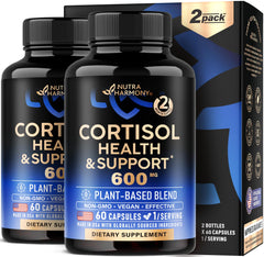 NutraHarmony cortisol supplement bottle with holy basil for daily balance.