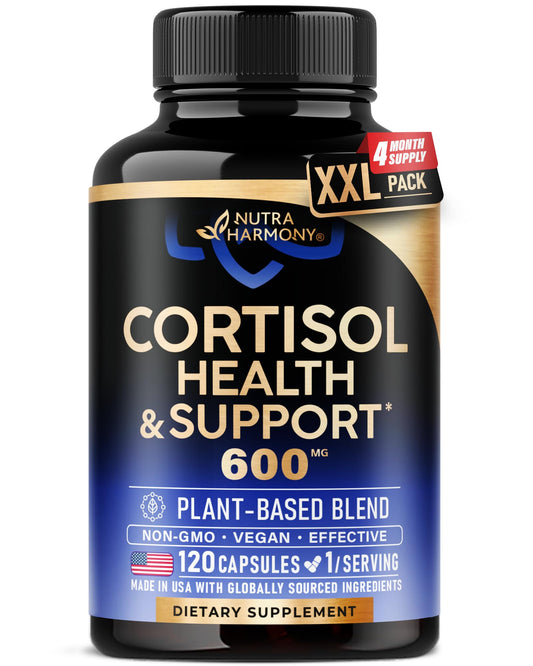 NutraHarmony Cortisol Support bottle on table, suggesting mood balance for daily resilience.