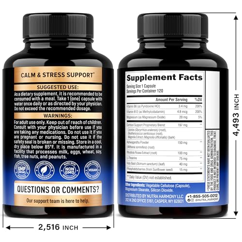 Close-up of NutraHarmony capsules, highlighting plant-based blend for stress management and focus.
