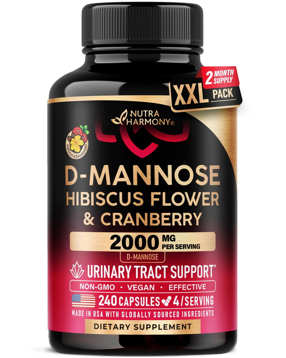 NUTRAHARMONY D-Mannose 2000mg bottle pour for daily urinary wellness support