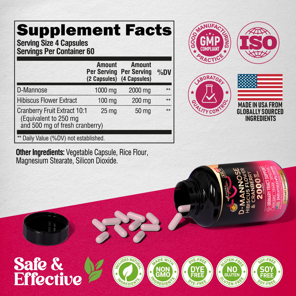 NUTRAHARMONY D-Mannose capsules side view for easy daily dosing