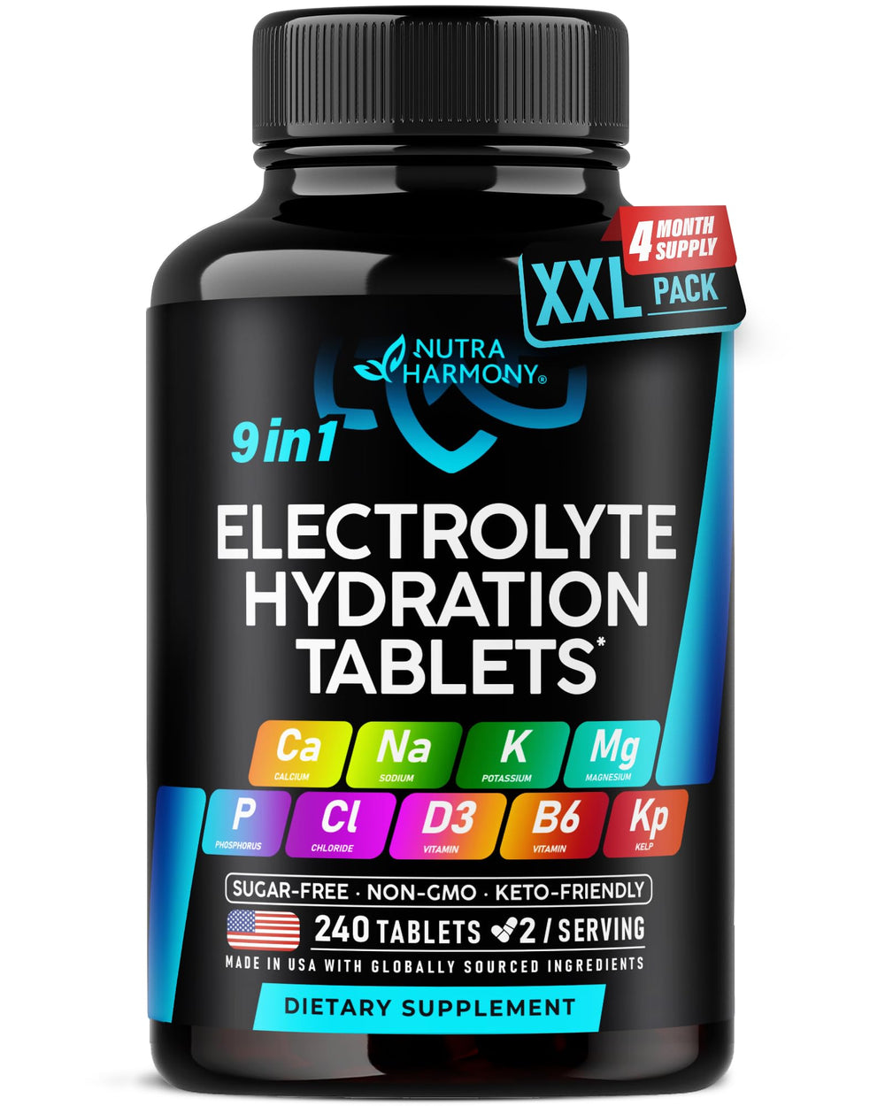 NUTRAHARMONY Electrolytes tablets bottle front for on-the-go hydration during workouts