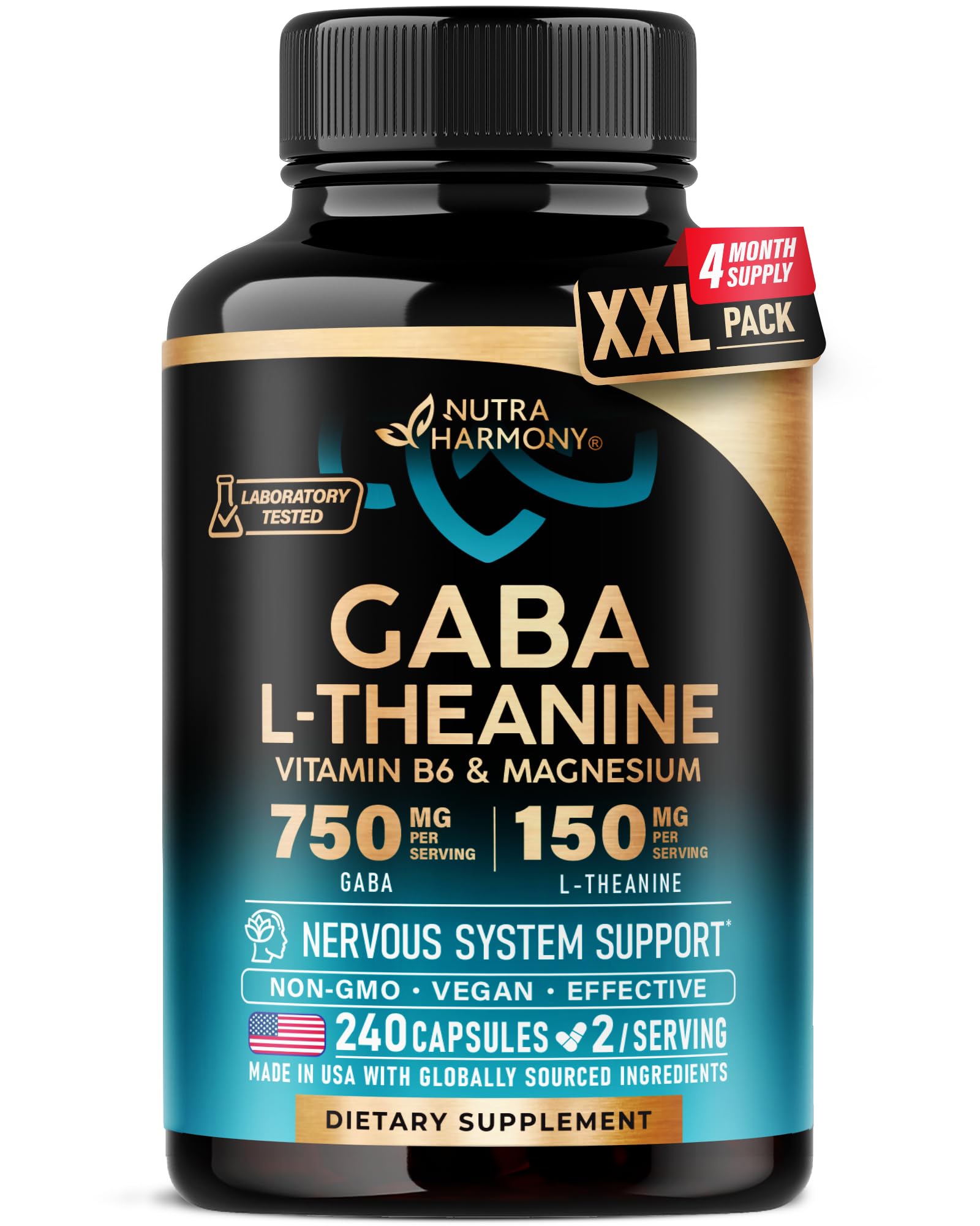 NUTRAHARMONY GABA L-Theanine 900 mg bottle for calm support.