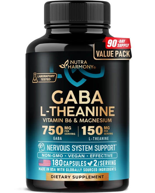 NutraHarmony GABA L-Theanine bottle on shelf for calm mood support.