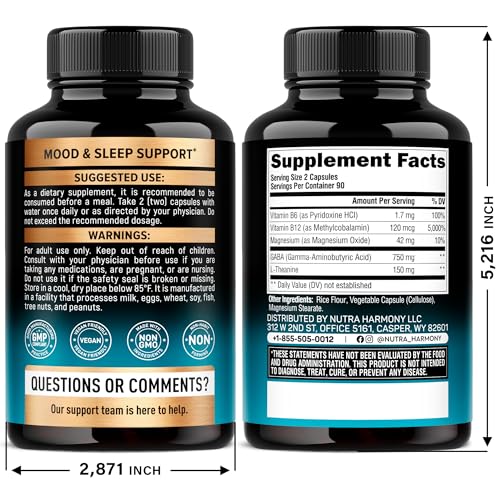 NutraHarmony GABA L-Theanine capsules close up showing non habit forming formula.