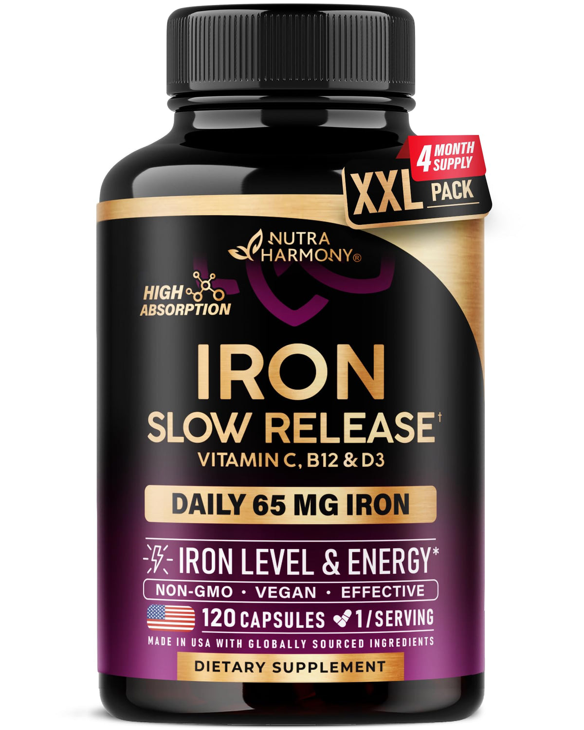 NUTRAHARMONY Iron 65mg tablet closeup showing slow-release iron for steady iron support.