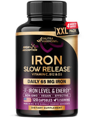 NUTRAHARMONY Iron 65mg tablet closeup showing slow-release iron for steady iron support.